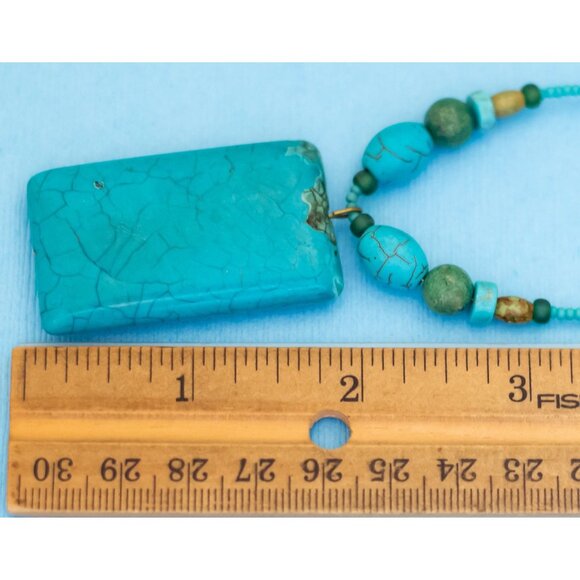 17 inch, Vintage Stone Blue Rectangular Pendant Stylish Beads Necklace - N30 - Picture 3 of 3